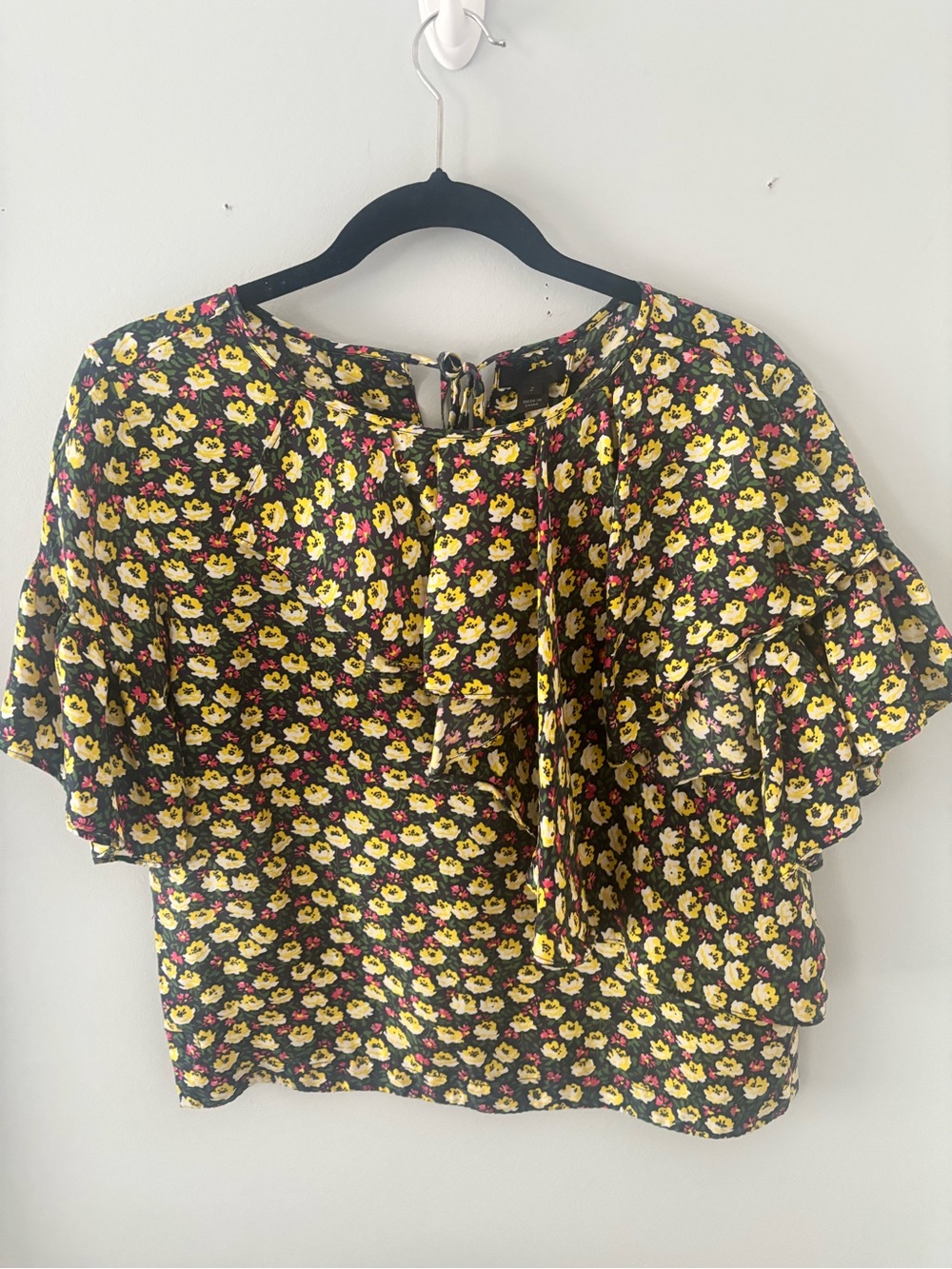 J. Crew Black Floral Tie-Neck Ruffle Sleeve Blouse 100% silk